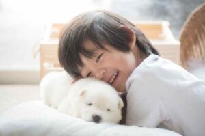 Мальчик со щенком сибирской хаски